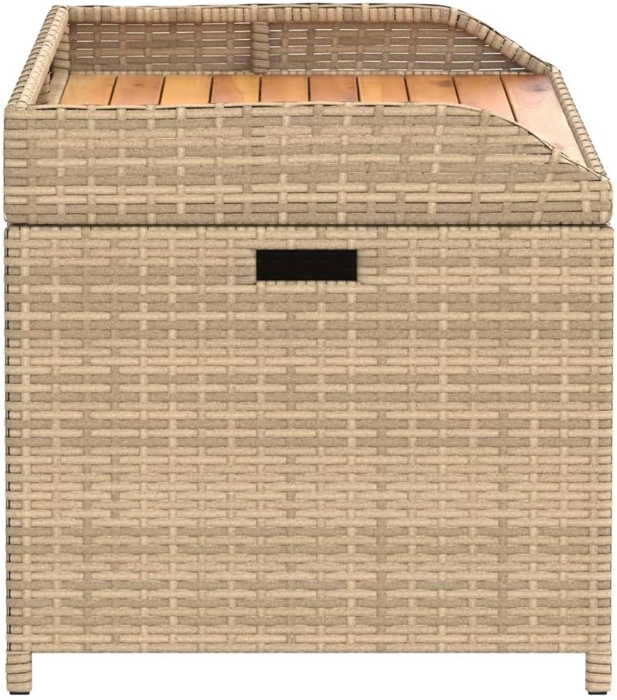 Beige Brown Outdoor Storage Bench, Acacia Wood Poly Rattan Patio Furniture, Weatherproof Garden Seating for Porch, 2-Person Capacity Bench Seating