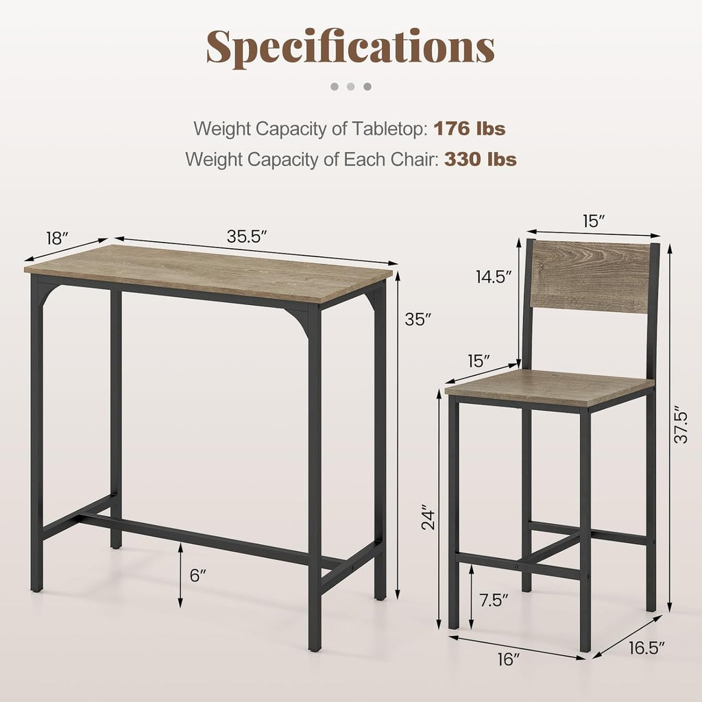 Tangkula 3 Piece Counter Height Bar Table Set, Pub Table and Chairs Set of 2, High Top Console Table with Stools for 2, Space-Saving Dinette Set for Breakfast Nook (Grey)