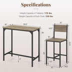 Tangkula 3 Piece Counter Height Bar Table Set, Pub Table and Chairs Set of 2, High Top Console Table with Stools for 2, Space-Saving Dinette Set for Breakfast Nook (Grey)