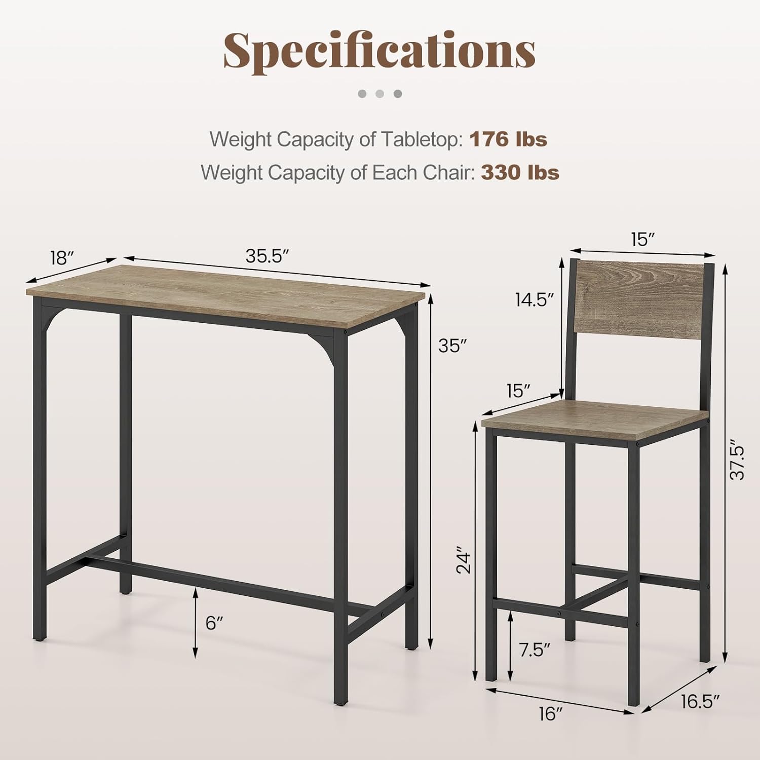 Tangkula 3 Piece Counter Height Bar Table Set, Pub Table and Chairs Set of 2, High Top Console Table with Stools for 2, Space-Saving Dinette Set for Breakfast Nook (Grey)