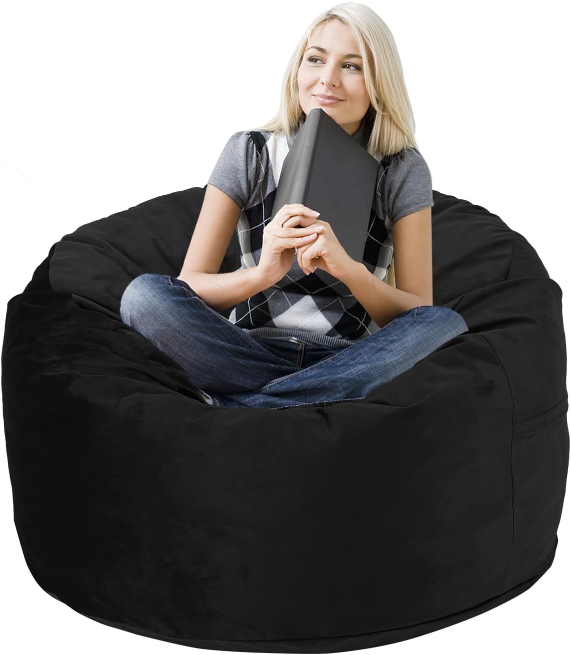 3 Feet Bean Bag Chair, Memory Foam Filled, Removable Cover, Bean Bag Chairs for Adults and Teens, Round Sofa Chair for Living Room, Bedroom and Gaming Room, Black