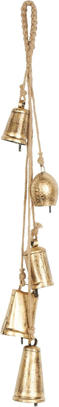 Deco 79 Golden Bell Cluster | Indoor Tibetan Inspired Cascading Meditation Bell With 5 Bells On Jute Hanging Rope Cowbells