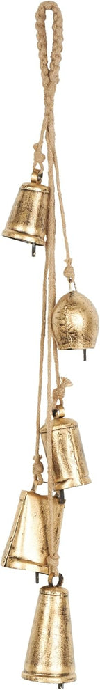 Deco 79 Golden Bell Cluster | Indoor Tibetan Inspired Cascading Meditation Bell With 5 Bells On Jute Hanging Rope Cowbells