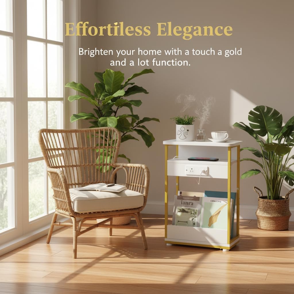 YEAKOO Narrow Side Table with Charging Station, 3-Tier End Table with 2 USB Ports & Power Outlets, Thin Sofa Side Table for Small Spaces, Bedside Table Nightstand for Living Room, White+Gold