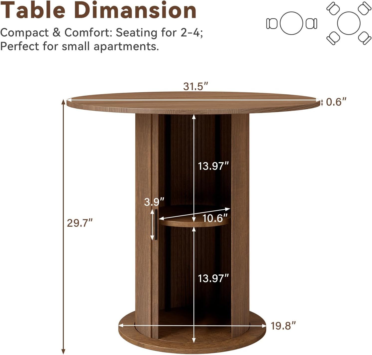 3-Piece Round Dining Table Set for 2, 31.5” Small Kitchen Table with Storage Base & 2 Upholstered Tufted Chairs, Space Saving Breakfast Nook Set for Apartment, Bistro, Small Dining Room(Green Chair)