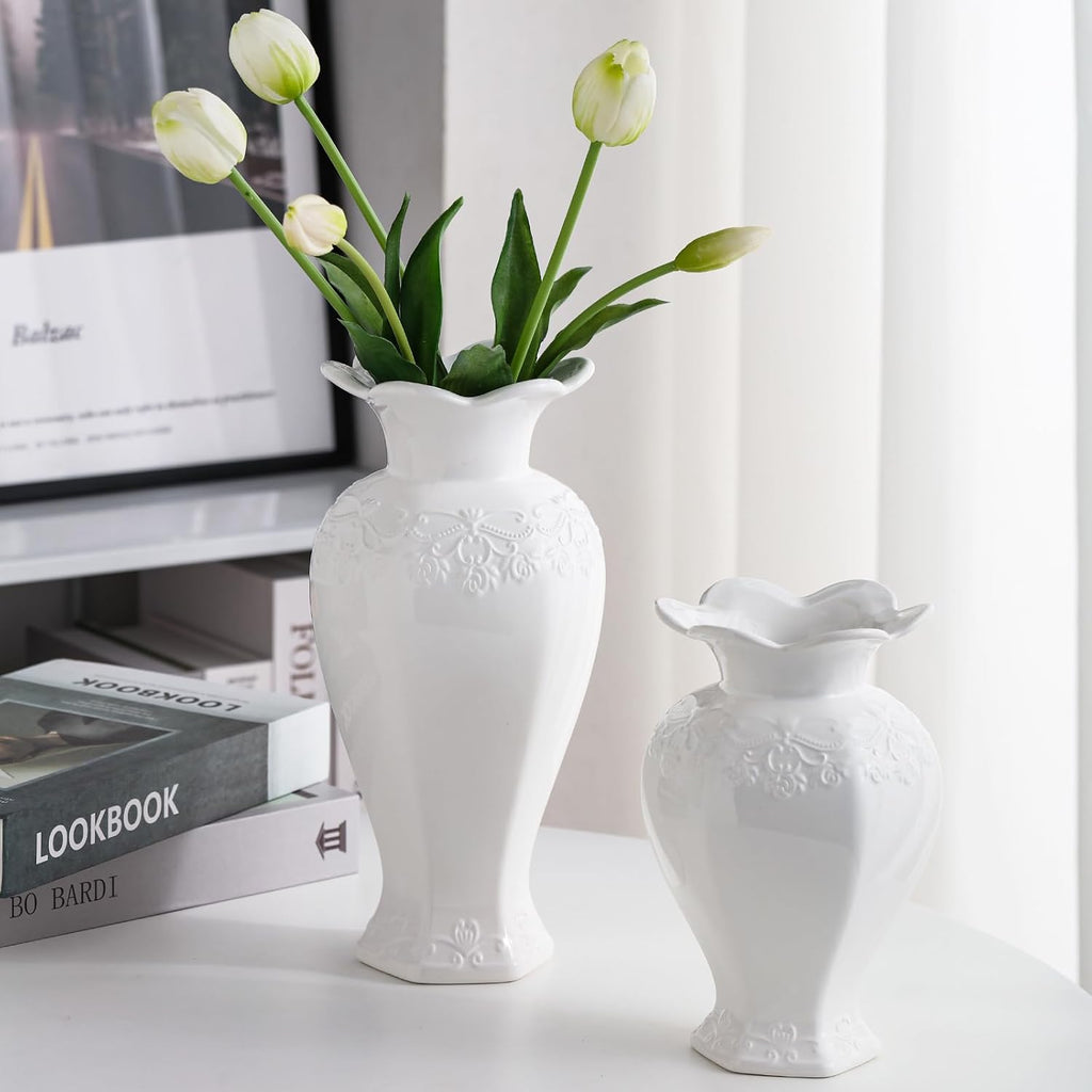 Relievo Elegant White Cream 8in 11in Ceramic Flower Tall Aesthetic Beige Table Tulip Wide Mouth Rose Filler Decorative Rustic Vase Decor for Home (Cream Vase, L)