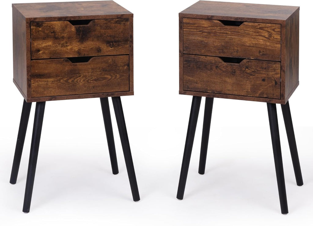 JAXPETY End Tables Set of 2, Night Stand with Drawers, Bedside Tables with Solid Wood Legs and Large Storage Space, Side Table for Living Room/Bedroom(Brown)