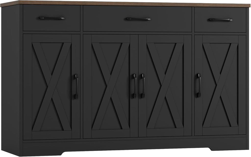 HOSTACK Buffet Sideboard Cabinet with Drawers, 55" Large Buffet Storage Cabinet with Shelves and Doors, Modern Farmhouse Coffee Bar Station for Kitchen, Dining Room, Black/Rustic Brown