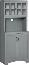 HOMCOM Kitchen Hutch, 70" Pantry Cabinet with Glass Framed Door, Storage Cabinet with Adjustable Shelves and Microwave Space for Dining Room, Gray