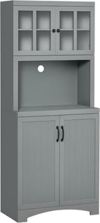 HOMCOM Kitchen Hutch, 70" Pantry Cabinet with Glass Framed Door, Storage Cabinet with Adjustable Shelves and Microwave Space for Dining Room, Gray