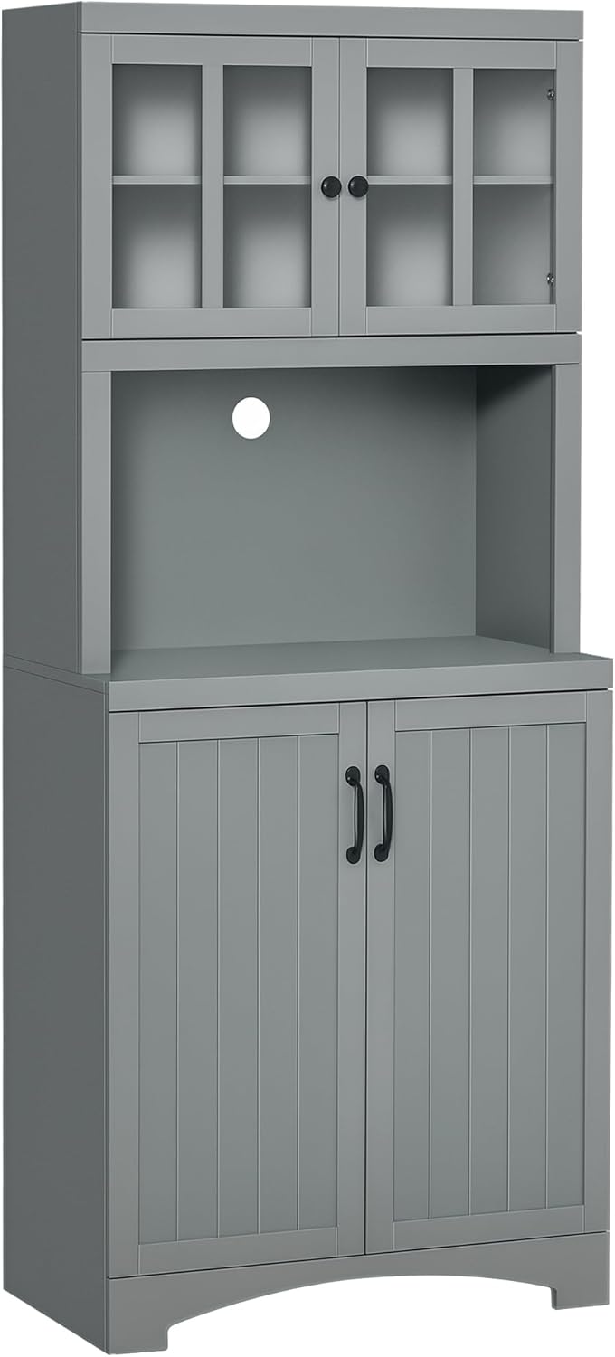 HOMCOM Kitchen Hutch, 70" Pantry Cabinet with Glass Framed Door, Storage Cabinet with Adjustable Shelves and Microwave Space for Dining Room, Gray