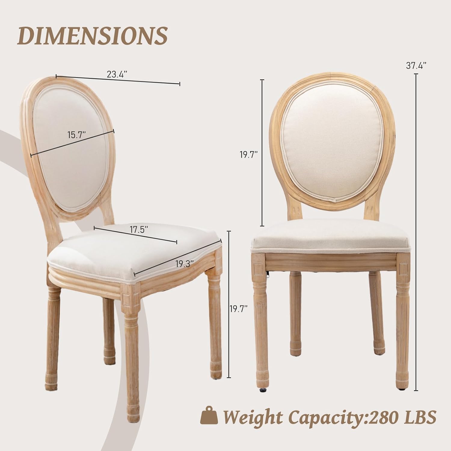 French Country Dining Chairs Set of 2,Farmhouse Upholstered Dining Room Chairs with Round Back and Solid Leg,Fabric Kitchen Side Chairs for Kitchen/Bedroom/Dining Room,Beige