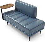 Waiting Room Bench Seating with 360-Degree Swivel Tray,Salon Reception Bench,Guest Lobby Chair,Beauty Barber Furniture,PU Upholstered Couch with Metal Legs and Backrest (PU with Tray, Grayish Blue)