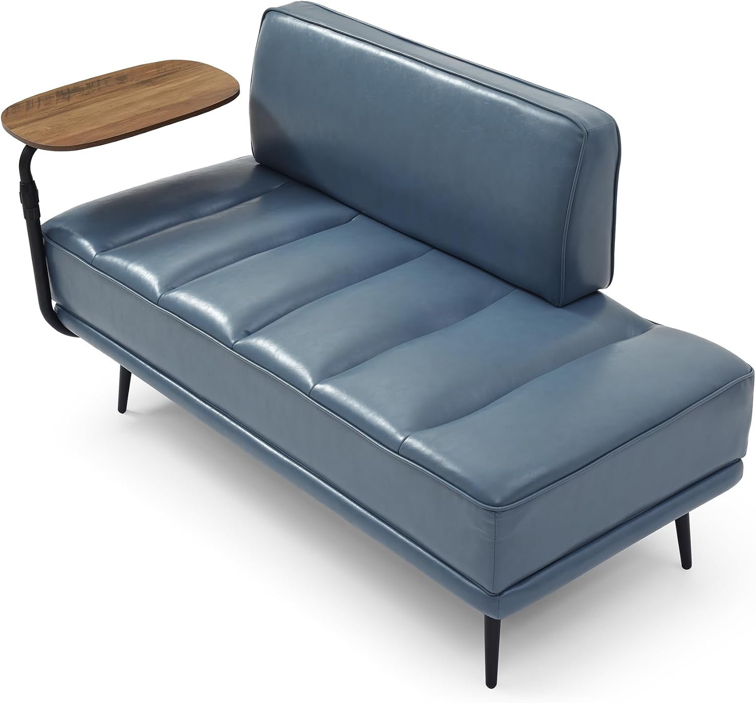 Waiting Room Bench Seating with 360-Degree Swivel Tray,Salon Reception Bench,Guest Lobby Chair,Beauty Barber Furniture,PU Upholstered Couch with Metal Legs and Backrest (PU with Tray, Grayish Blue)