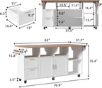 Rolling Kitchen Island Cart with Storage, Mobile Kitchen Island on Wheels with Drop Leaf & 2 Drawers, Adjustable Shelf, Towel Rack & Brown Tabletop, White, 70.9”W x 31.7”D x 35.4”H