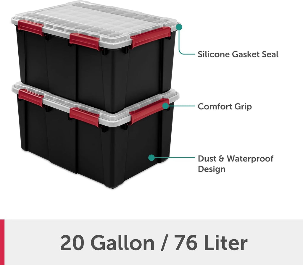 Large 20 Gallon Gasket Tote with Lid, Waterproof Plastic Storage Bin IP68 Dustproof & Submersible, Heavy Duty Latch & Seal Box for Basement Garage, Black (2 Pack)