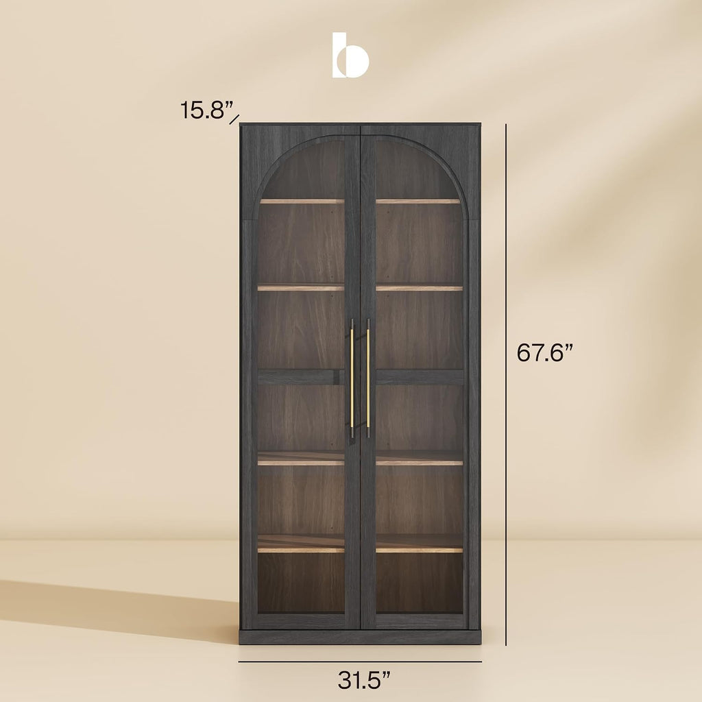 BELLEZE 67" Tall Glass Display Cabinet, Modern Wood Curio Cabinet Bookcase with Adjustable Storage Shelves, 6-Tier Trophy Showcase Display for Living Room - Ebony