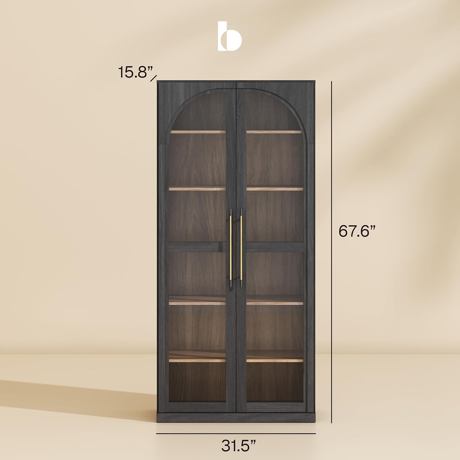 BELLEZE 67" Tall Glass Display Cabinet, Modern Wood Curio Cabinet Bookcase with Adjustable Storage Shelves, 6-Tier Trophy Showcase Display for Living Room - Ebony
