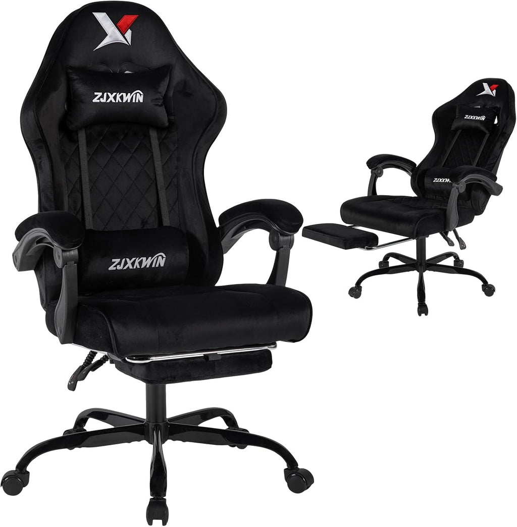 Velvet Gaming Chair, Ergonomic High Back Racing Chair with Footrest, Spring Wide Cushion, Adjustable Headrest & Lumbar Support, 90-135° Recline, 360° Swivel, 300lbs for Home Office, Black