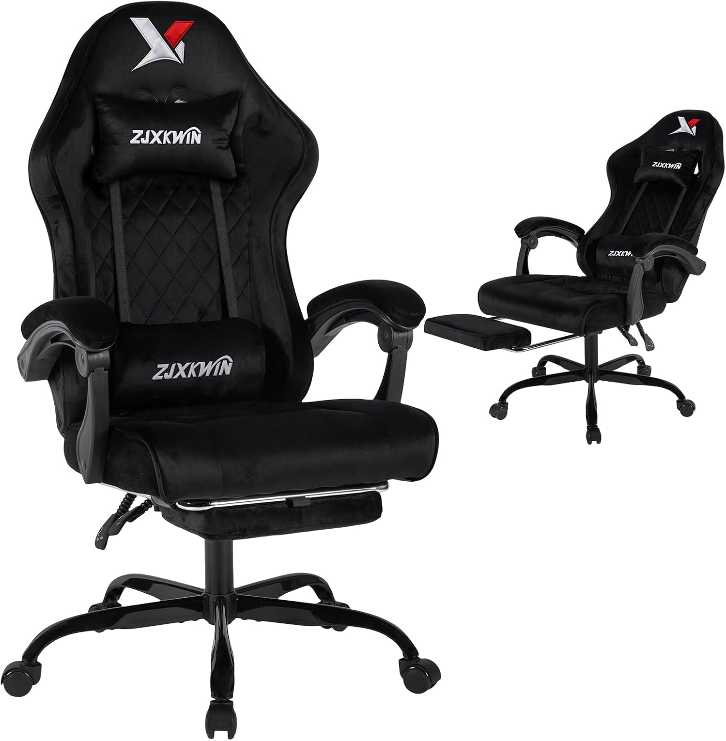 Velvet Gaming Chair, Ergonomic High Back Racing Chair with Footrest, Spring Wide Cushion, Adjustable Headrest & Lumbar Support, 90-135° Recline, 360° Swivel, 300lbs for Home Office, Black