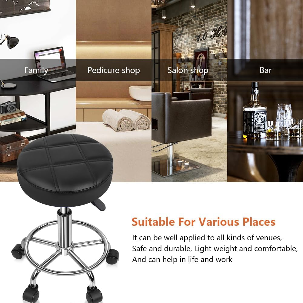 KKTONER Round Rolling Stool Chair PU Leather Height Adjustable Swivel Drafting Work SPA Shop Medical Salon Stools with Wheels Office Chair Small (Black)