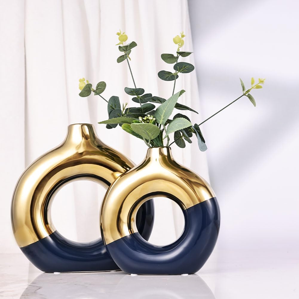 Flower Vase for Home Decor - Gold and Navy Blue Ceramic Vase Set of 2, Donut Vase for Blue Decor, Modern Boho Decorative Vase, Round Hollow Pampas Grass Vase, Dining Table, Mantel & Centerpiece
