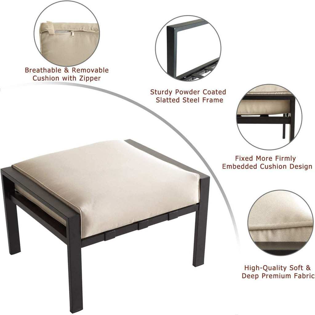 Festival Depot Outdoor Ottoman Patio Footstool with Cushion Small Seat Metal Furniture for Garden Yard Deck, Beige