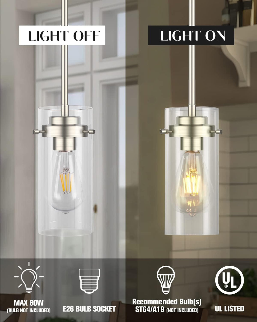 EAPUDUN Pendant Light (2 Packs), Kitchen Ceiling Hanging Light, Adjustable Height, Kitchen Light Fixtures Brushed Nickel Pendant Lights, Farmhouse Pendant Lighting for Sink Island, Home Décor Lighting