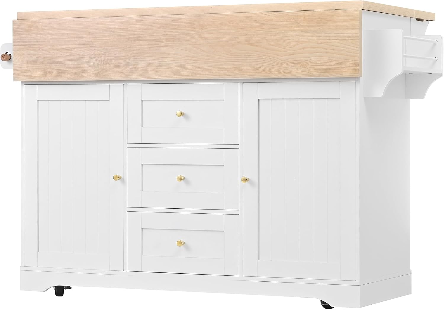 JIJIWANG Multifunctional Extendable Kitchen Island Cart with with Towel Rack,Spice Rack Shelf US Standard Outlet, 47 * 18 * 36inch,5 Wheels Mobile Kitchen Storage Cabinet,1 inchThick Top Board,White