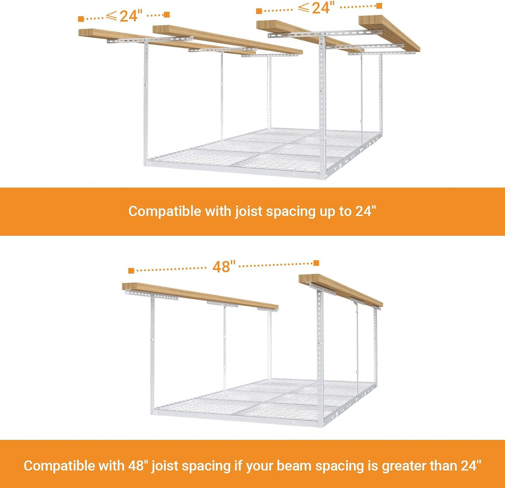 4ftx8ft Overhead Garage Storage Rack, Heavy-Duty Metal Garage Ceiling Storage Rack, 22''-40" Adjustable Ceiling Drop-Down, 750 lb. Loading Weight Capacity, White