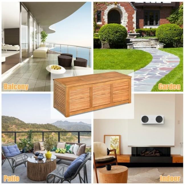 Acacia Wood Deck Storage Bench 47Gal Multi-Function for Garden Patio Outdoor 355lbs