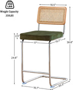 GrandNoor Natural Rattan Bar Stools Set of 2 with Solid Wood Back, 24 Inch Mid Century Modern Counter Height Stools, Green Upholstery Boho Stool for Kitchen Counter with Chrome Metal Legs