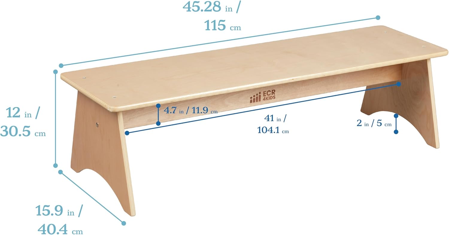 ECR4Kids Kiddo Classroom Bench, 12in Seat Height, Wooden, Children's Furniture, Natural