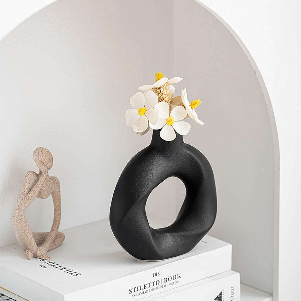 Black Ceramic Vase Set of 2,Matte Modern Nordic Boho Home Decor for Living Room,Bedroom,Wedding Table