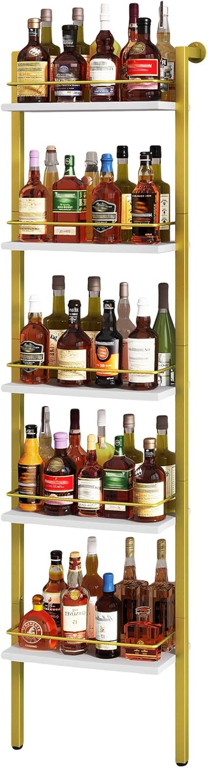 YMYNY 5-Tier Freestanding Wine Rack, White with Gold, UHWR001G | With Fences, Wall Mounted Floating Shelf, Bottles Holder, Liquor Cabinet Storage 16.93" L x 7.87" W x 69.68" H for Kitchen