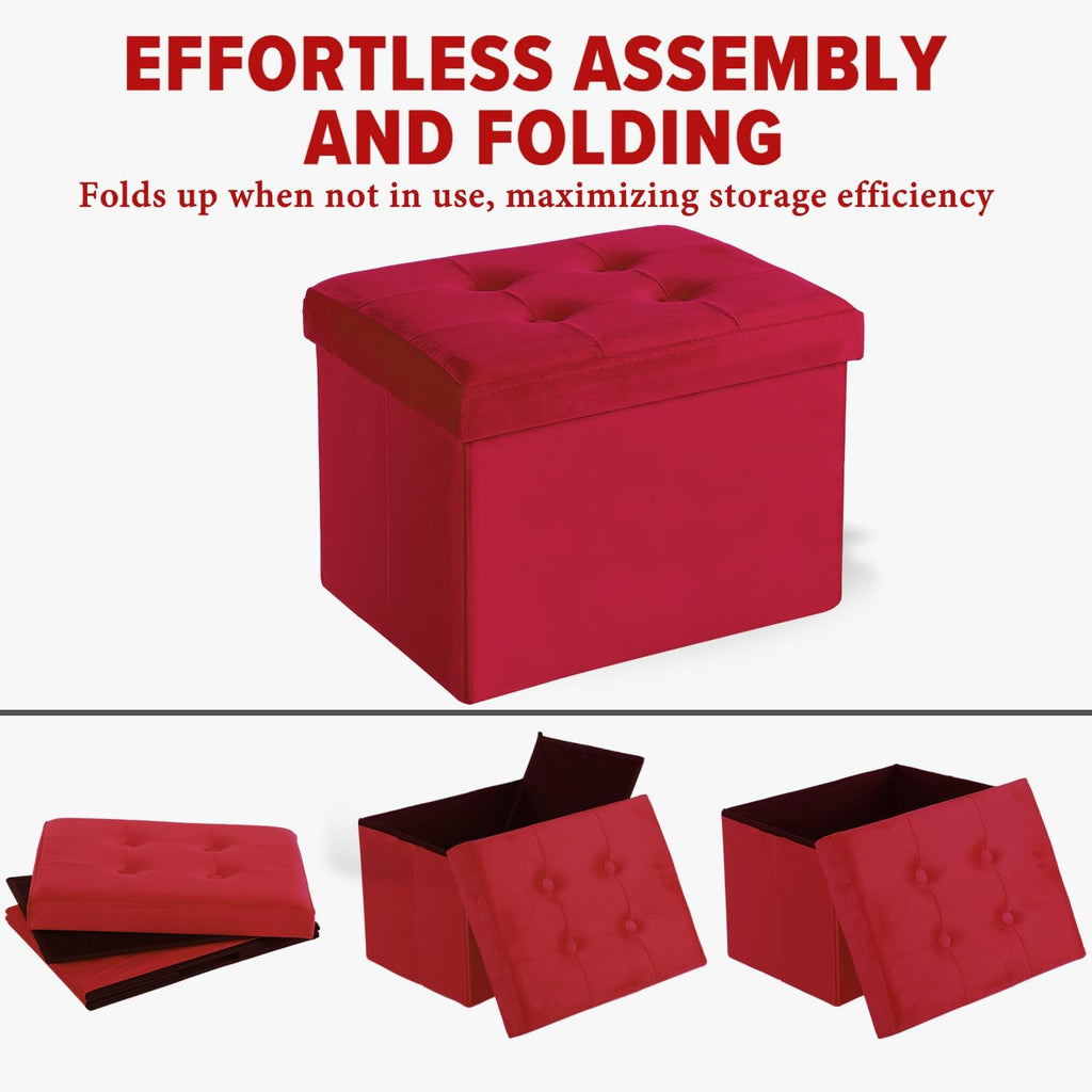 LINMAGCO Storage Ottoman Folding Foot Stool Velvet Foot Rest with Padded Modern Ottoman with Storage for Living Room Puppy Step Stool 17x13x13in(Neon Red)