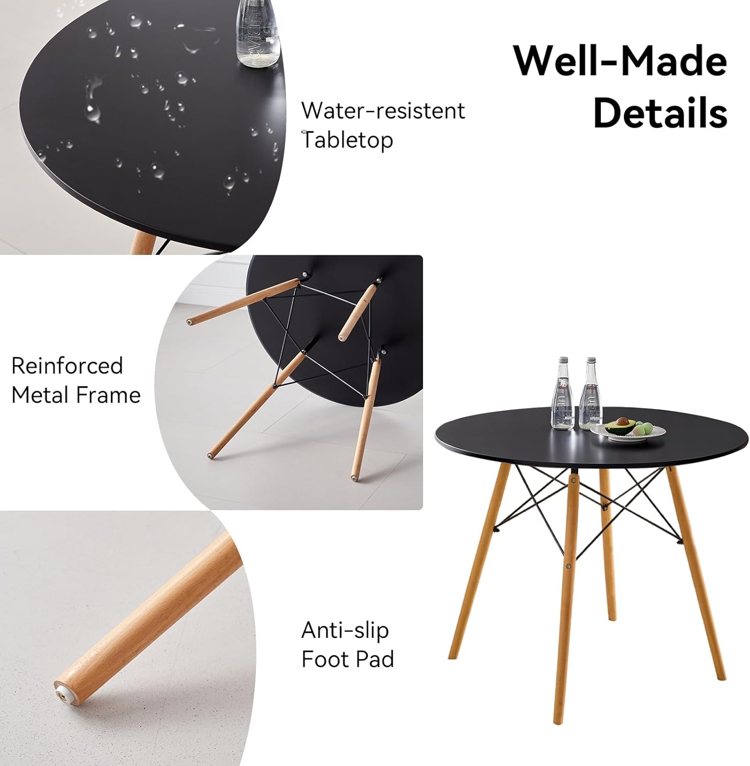 5-Piece 35.5" Round Dining Table Set, Small Kitchen Table Chairs Set of 4 Plastic Seats, Solid Wood Legs, Space Saving Furniture for Living Room Apartment Office Home, Black