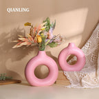Pink Ceramic Vase Set of 2-2 Round Donut Vase, Modern Pink Vases for Centerpieces, Flower Vase for Decor, Apply to Living Room, Kitchen, Mantle, Bedroom, Dining Table, Office, Farmhouse