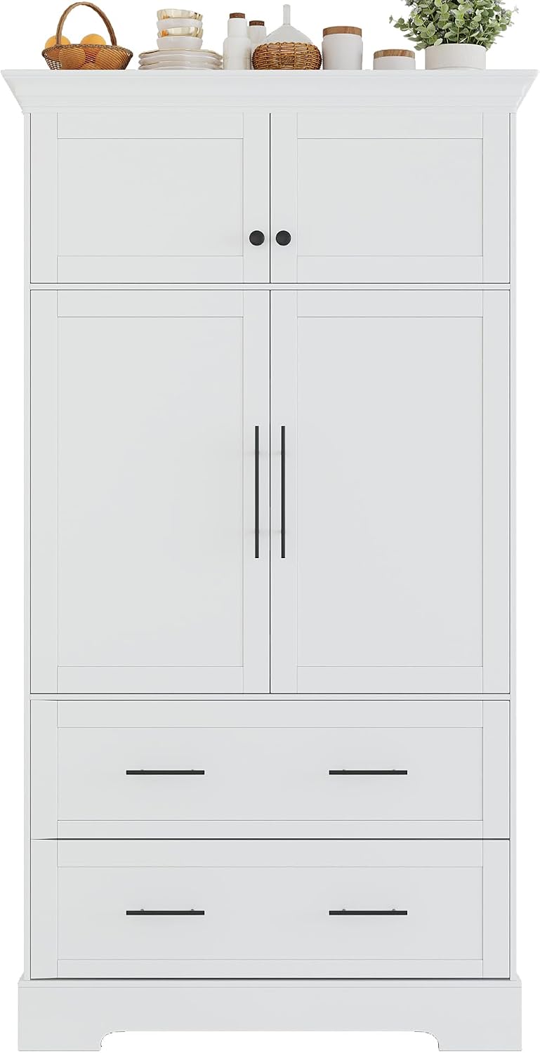 Farmhouse Pantry Cabinet, Tall Freestanding Kitchen Storage Cabinet with Pull-Out Trays, Drawers and Cake Pan Storage Organizer for Dining Room (White)