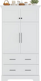 Farmhouse Pantry Cabinet, Tall Freestanding Kitchen Storage Cabinet with Pull-Out Trays, Drawers and Cake Pan Storage Organizer for Dining Room (White)