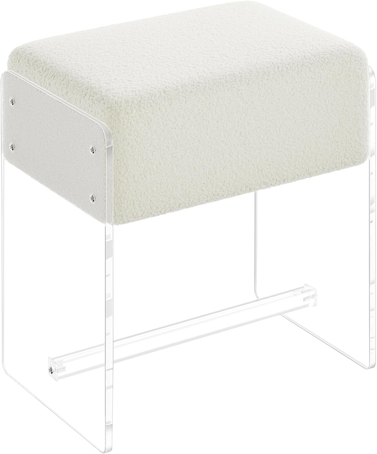 Vanity Stool Chair, Soft Ottoman with Clear Acrylic Legs, Modern Padded Seat Footstool for Entryway, Hallways, Bedrooms and Living Room (White)