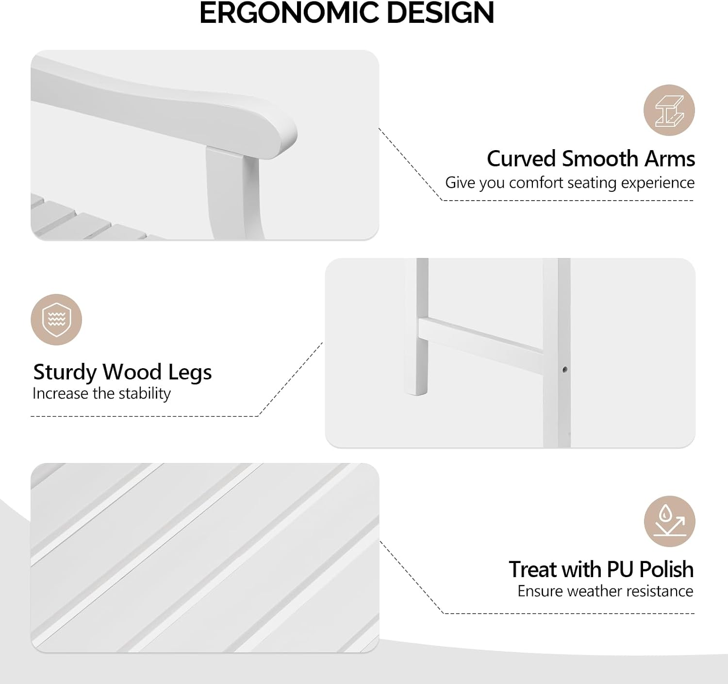 VINGLI 50" Outdoor Wood Bench, Weatehr Resistant Wooden Garden Patio Bench with Comfortable Backrest & Curved Armrest, 800lb Capacity Loveseat for Front Porch Park Yard Deck (White, Geometric)