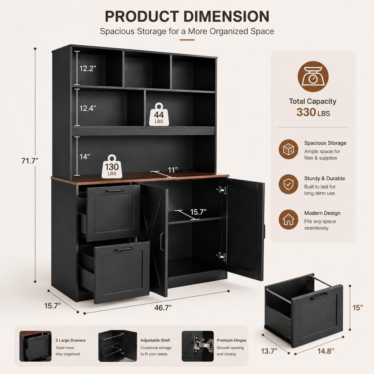 NORTHSKY 72'' Tall Bookshelf with Power Outlet, 2 Drawer File Cabinet for A4 Hanging Files, 3-Tier Open Shelves & Closed Storage Cabinets, Multifunctional Printer Stand - Black