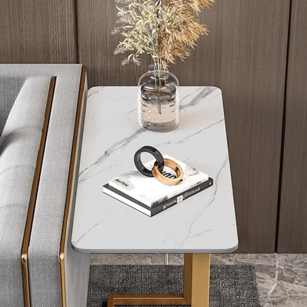 Sintered Stone End Tables C Shaped Couch Table Narrow Snack Table Living Room Small Tables Modern Rectangular Side Table for Couch Sofa Bedside(Platinum+Black)