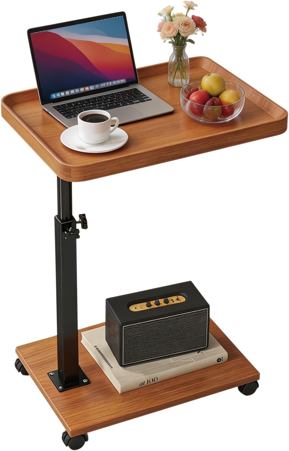 Adjustable Height Side Table with Wheels, 360° Swivel End Table for Small Spaces, 16x12 Inch Waterproof TV Tray for Living Room, Bedroom, Couch, Bedside（Light Walnut）