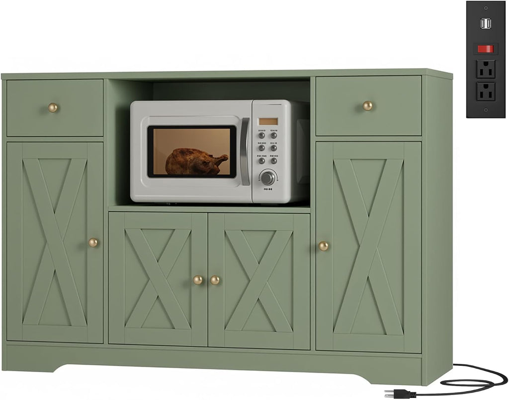 HOSTACK Microwave Cabinet with Charging Station, 47" W Kitchen Storage Cabinet with Microwave Stand, Farmhouse Buffet Sideboard with Drawers and Shelves for Kitchen, Dining Room, Green