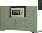 HOSTACK Microwave Cabinet with Charging Station, 47" W Kitchen Storage Cabinet with Microwave Stand, Farmhouse Buffet Sideboard with Drawers and Shelves for Kitchen, Dining Room, Green
