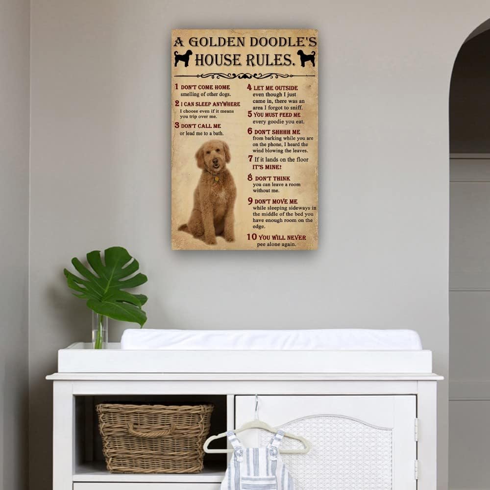 Panfegzi Golden Doodle Dog House Rules Retro Poster Wall Art Pictures for Bedroom Deco Home Canvas Colouring Painting Decoration Print Artwork Giclee (16.00''x24.00'',Unframed)