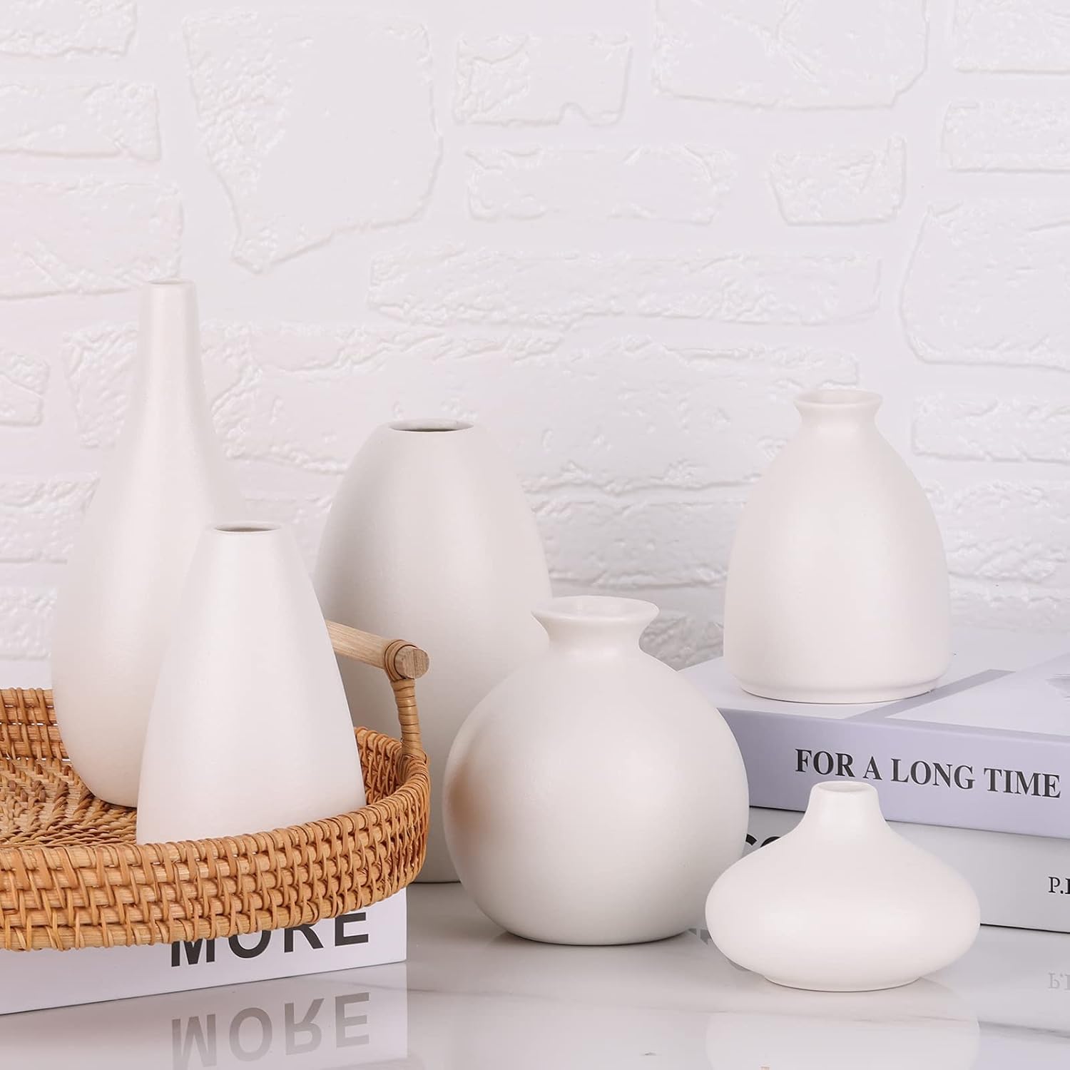 Set of 6 Matte White Small Vases for Flowers, Ceramic Bud Vase Bulk Boho Centerpieces for Tables, Mini Short Vase Modern Bulk Wedding Centerpieces Ikebana Vases for Bridal Shower/House Warming Gift