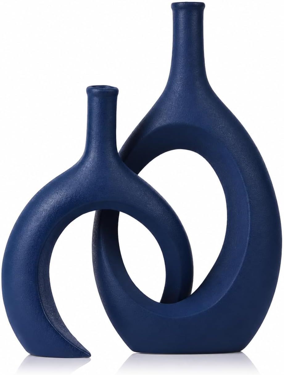 Navy Blue Unique Hollow Bud Vases Set of 2,Modern Snuggle and Huging Style Ceramic Vase for Pampas Grass,Living Room Decorations for Fireplace,Coffee Table Centerpiece,Mantle,Bookshelf Decor